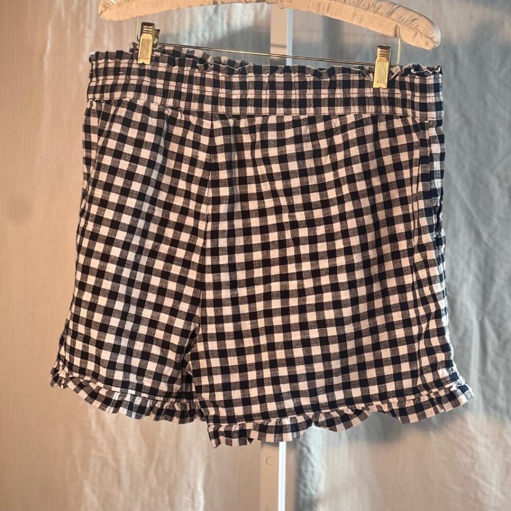 Loft Outlet Gingham Checked Ruffle Hem Linen Shorts in Navy/White - Size L - Picture 5 of 6